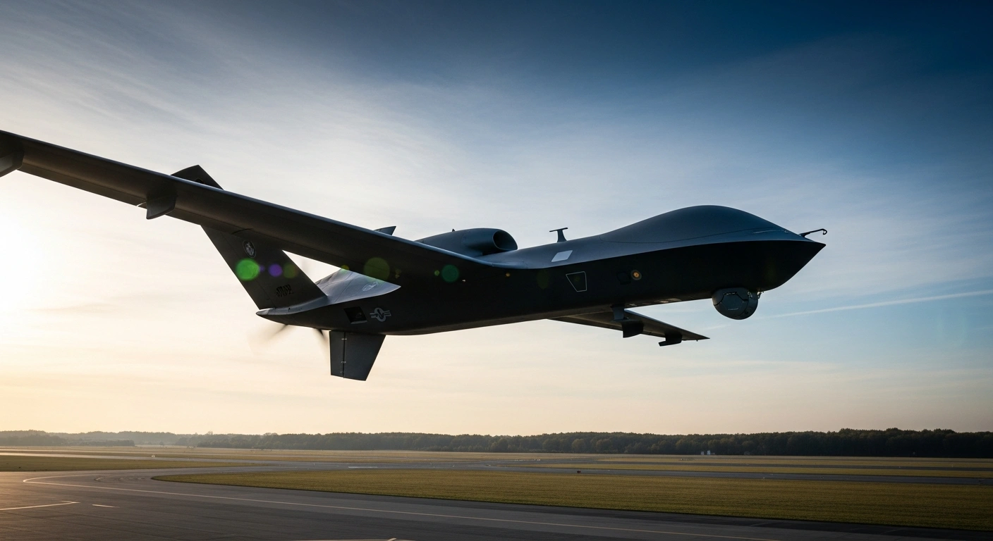 The Australian-developed MQ-28A Ghost Bat combat drone flies over a German military airfield as part of a defense modernization evaluation.