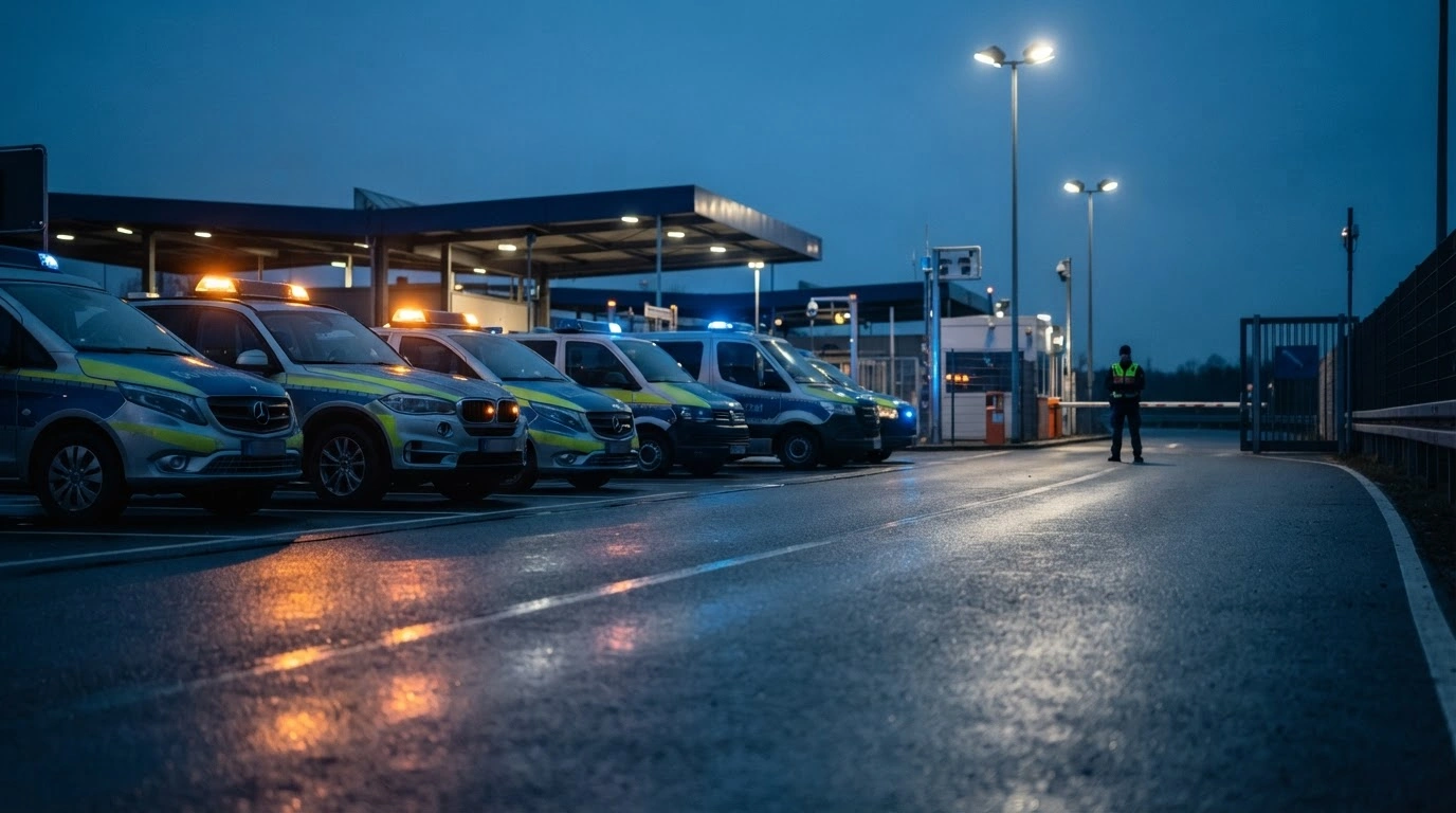 A German border patrol checkpoint with security vehicles parked on a road during an extension of national border controls.