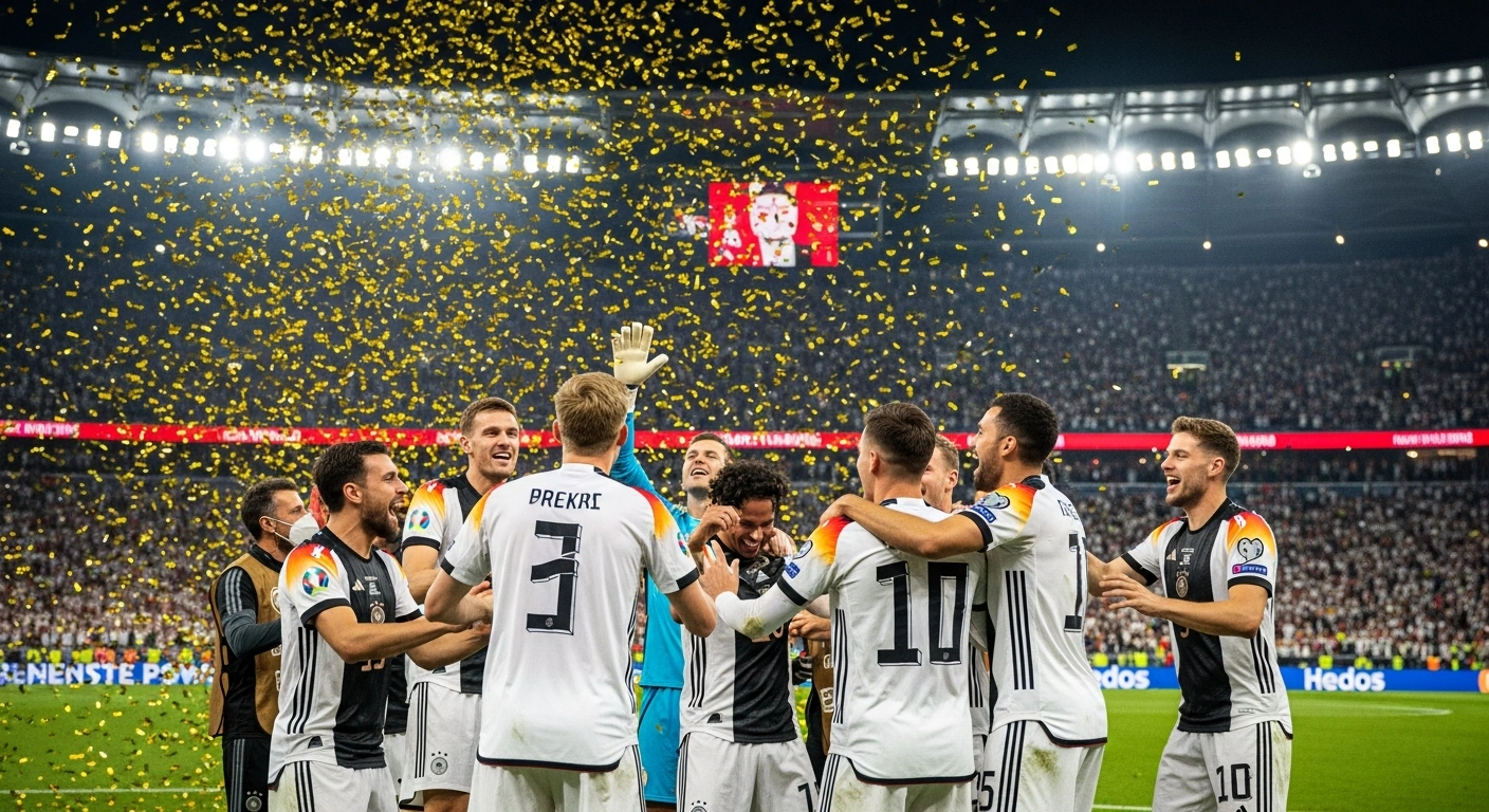The German men's national football team celebrates on the pitch under stadium lights with confetti falling, after their commanding 6-0 win against Slovakia in Leipzig, officially qualifying for the 2026 FIFA World Cup.