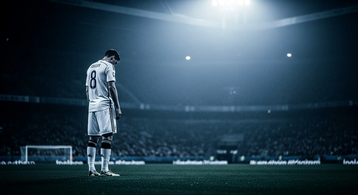 A dejected German football player stands alone on a dark, rain-covered stadium field following the team's elimination from the 2026 FIFA World Cup.