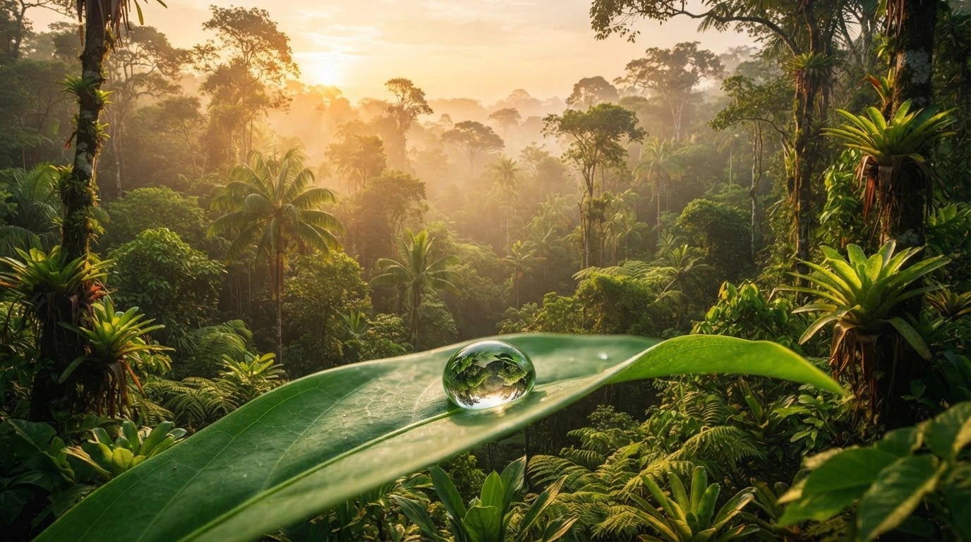 A lush, vibrant rainforest ecosystem represents Germany's commitment to global biodiversity conservation through the International Climate Initiative.