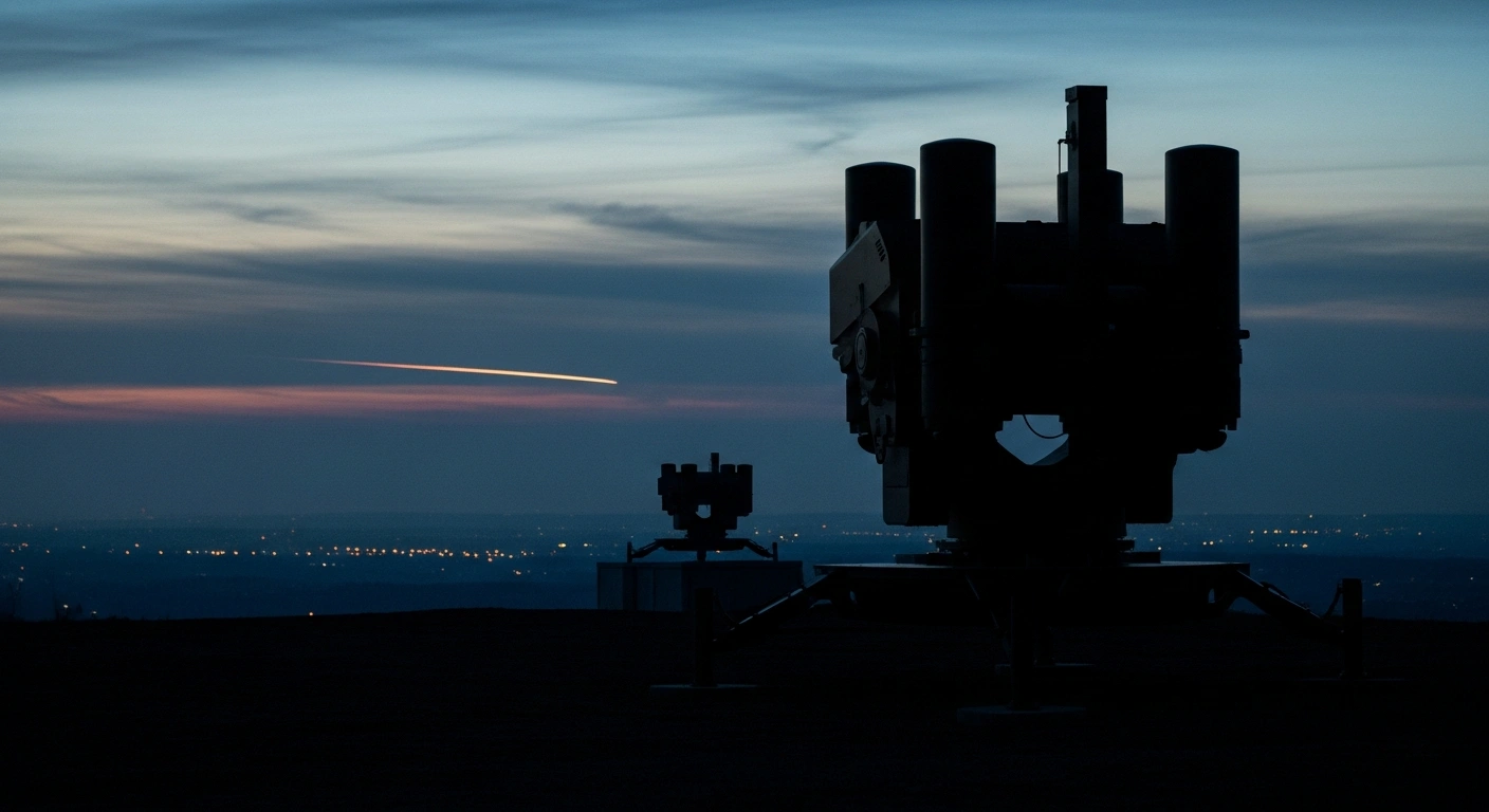 A modern air defense system stands guard over a darkened city skyline to protect civilian infrastructure and the energy grid.