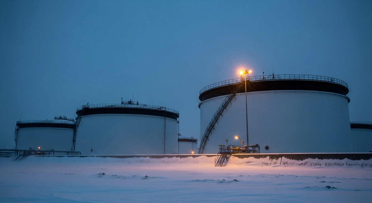 A wide, low-angle shot captures a vast, partially empty industrial natural gas storage facility at dusk, silhouetted against an icy-blue winter sky with snow blowing across the foreground, symbolizing Germany's dwindling natural gas reserves and energy security concerns during severe winter temperatures.