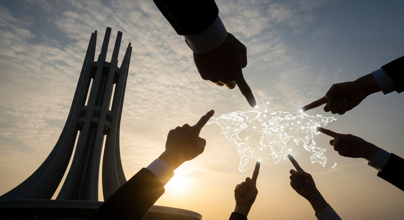 A low-angle, dawn shot features a modern architectural structure and diverse hands interacting over an illuminated global map, symbolizing strengthened international cooperation to combat hunger and poverty, reflecting Germany's active engagement in global food security initiatives like the Global Alliance Against Hunger and Poverty.