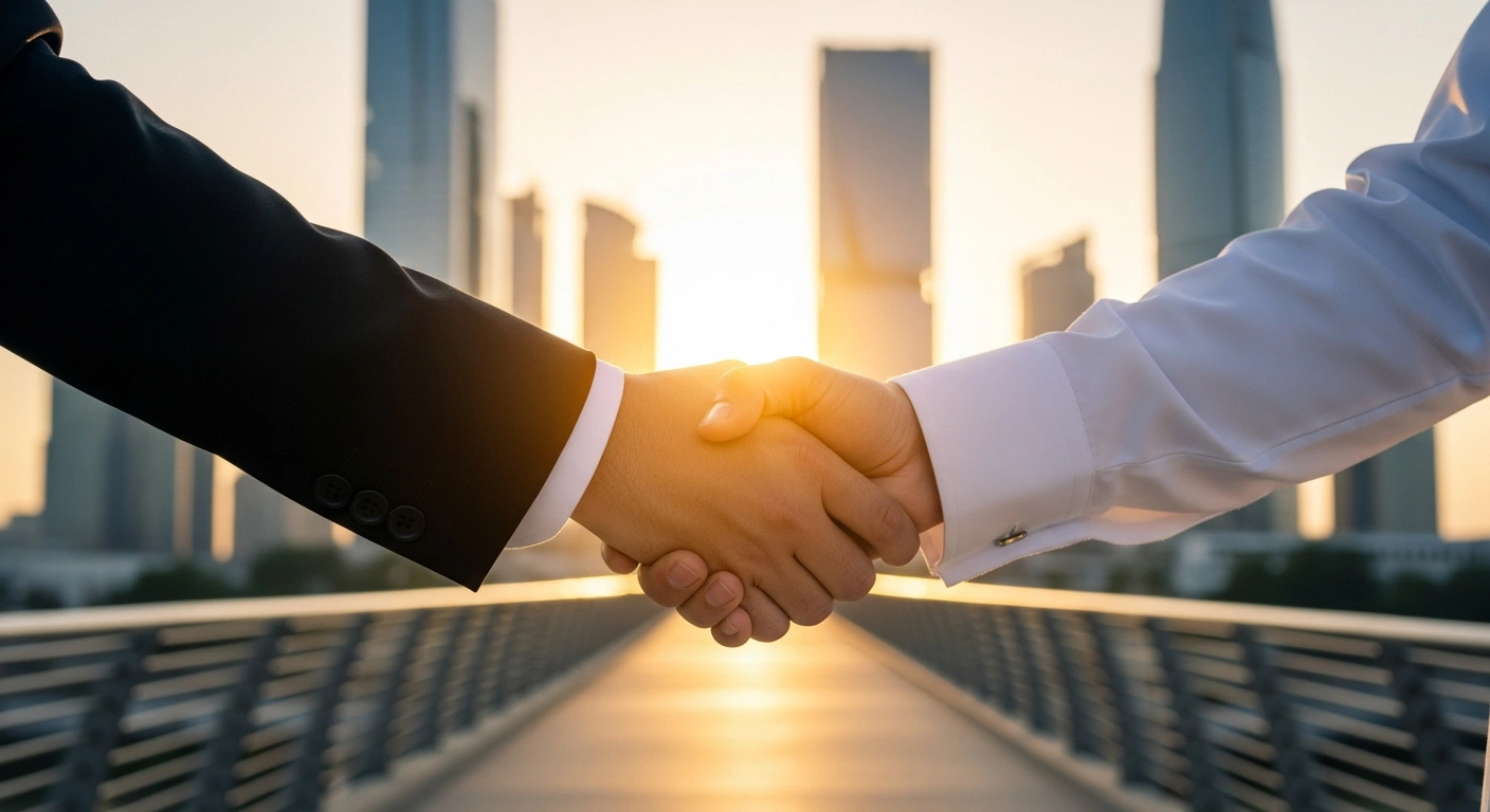 A symbolic image depicting a handshake between a figure representing Germany and another representing the Gulf region, set against a modern cityscape at sunset, illustrating German Economics Minister Katherina Reiche's strategic visit to the United Arab Emirates and Qatar to bolster bilateral economic and energy relations.