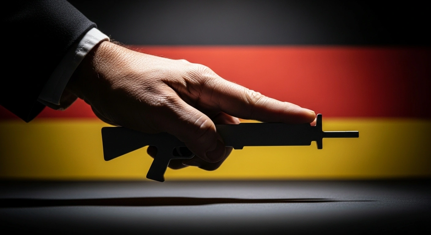 A symbolic image shows a hand, representing Germany, firmly pressing down on a stylized weapon silhouette, set against a muted German flag, illustrating Germany's decision to cease approving new arms exports to Israel following concerns over military equipment use in Gaza.