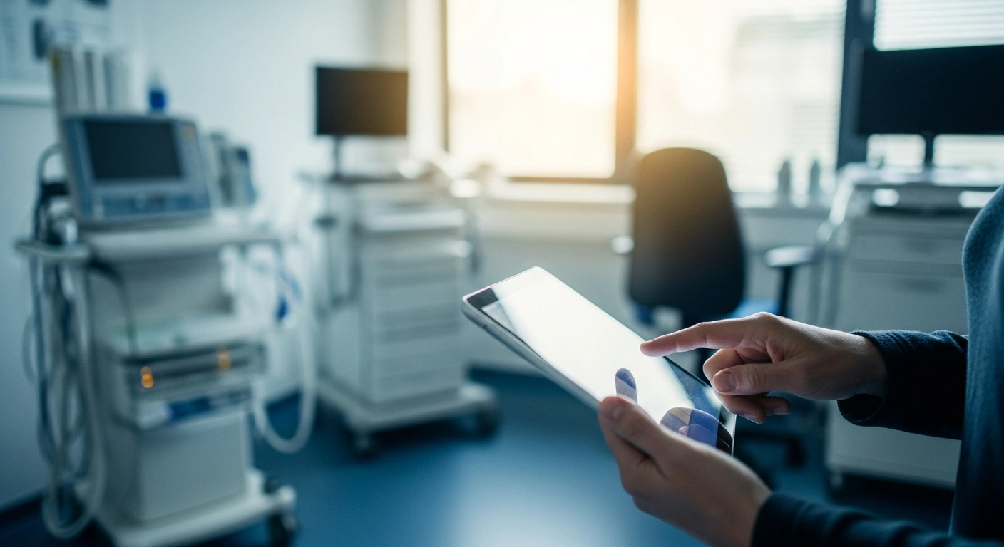 A patient uses a digital tablet in a modern German medical office to access electronic health records as part of the new national healthcare digitalization initiative.