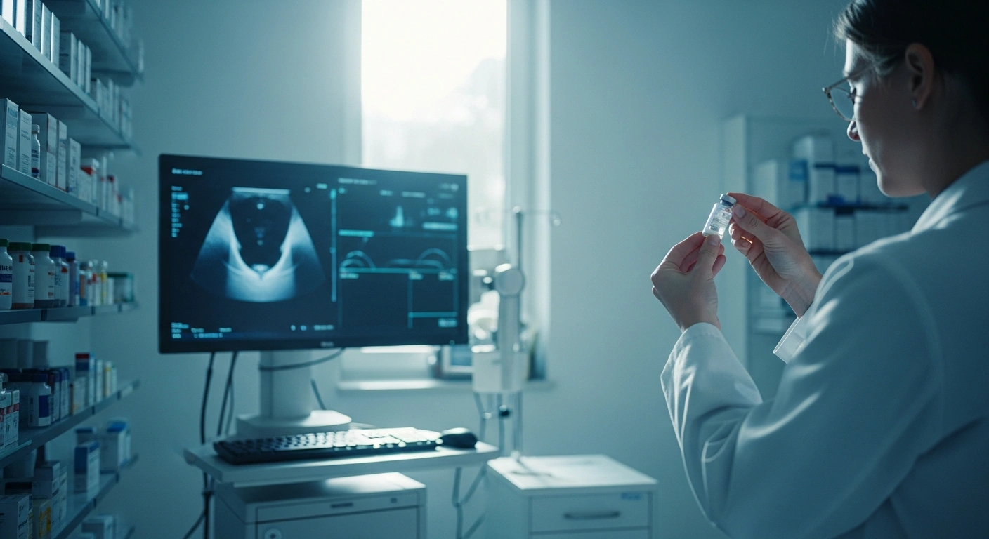 A pharmacist in a German clinic prepares biological medication while a diagnostic lung cancer screening monitor is visible in the background.