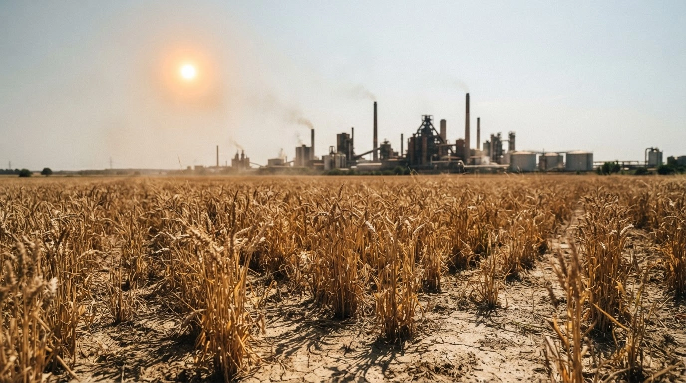 A scorched agricultural field in Germany sits under a sweltering sun, representing the economic impact of extreme heatwaves on industry and farming.
