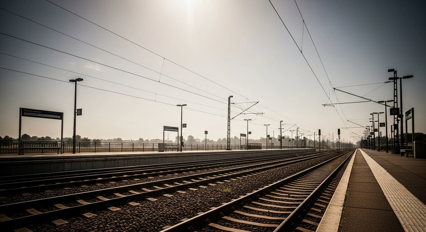 A deserted train platform in Germany sits empty under a severe heatwave as high temperatures cause visible heat haze over the railway tracks.
