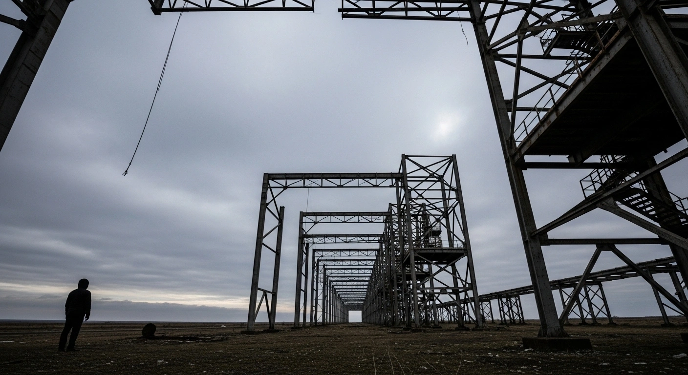 A wide, low-angle shot shows a skeletal, incomplete hydrogen production facility under a bruised, overcast sky, symbolizing Germany's financially risky and delayed hydrogen economy ramp-up, marked by missed targets and insufficient demand despite significant subsidies.