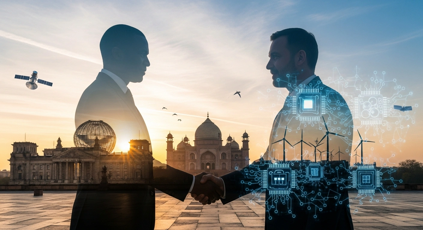 A symbolic image depicts two figures, representing Germany and India, shaking hands firmly against a composite skyline blending German and Indian architecture, with subtle holographic overlays of technology, green energy, and defense, illustrating the transformative strategic pact signed during German Federal Chancellor Friedrich Merz's visit to India, deepening cooperation in defense, trade, technology, and green development.