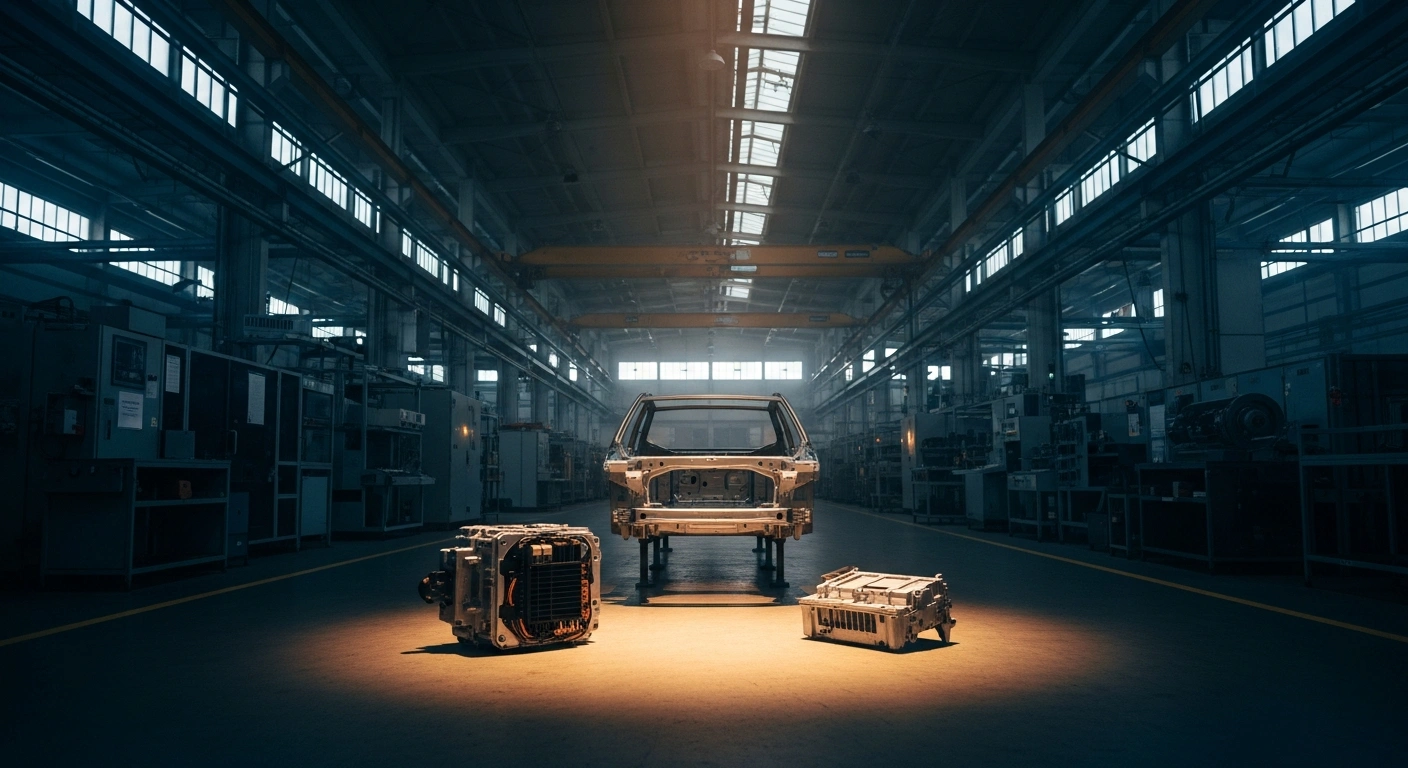 A dimly lit German factory floor features silhouetted industrial machinery, with a single, warm spotlight illuminating a gleaming car chassis and sophisticated electrical components in the foreground, visually representing Germany's 3% industrial orders decline in Q3 2025 alongside a 1.1% September rebound driven by the automotive and electrical equipment sectors.