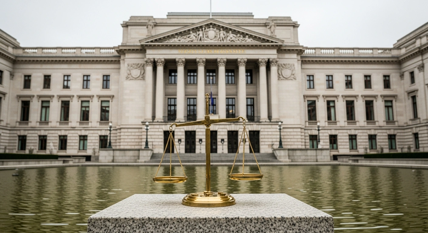 A perfectly balanced antique brass scale sits on a stone plinth in front of a grand European financial institution, symbolizing Germany's stable 2.3% annual inflation rate in November 2025, with core inflation easing and services inflation elevated, as the European Central Bank considers interest rate policy.