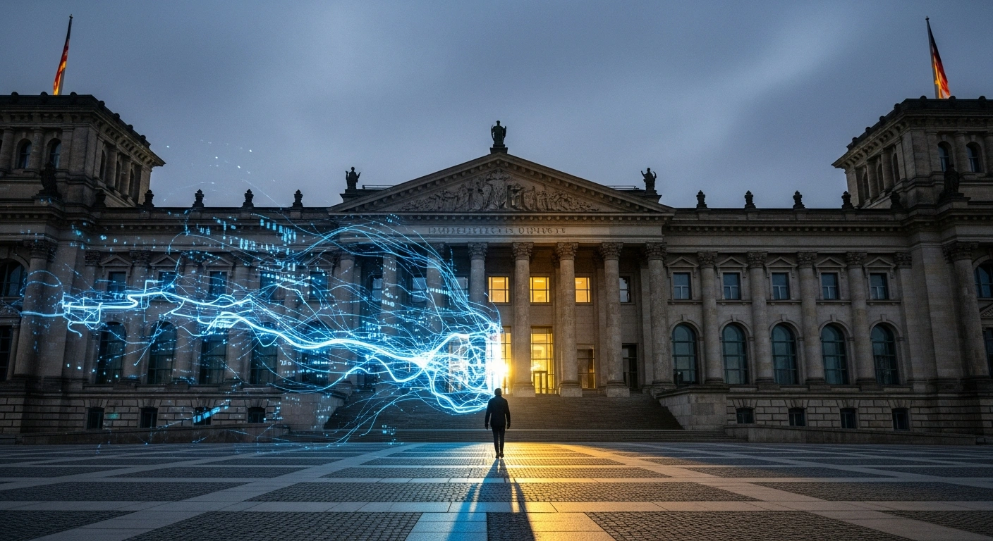 A wide, low-angle shot captures a historic German government building at twilight, with one facade subtly illuminated by blue digital data streams and the other by warm, golden light, representing the ongoing debate in Germany over balancing national security with civil liberties as intelligence agencies broaden their powers to combat hybrid threats.
