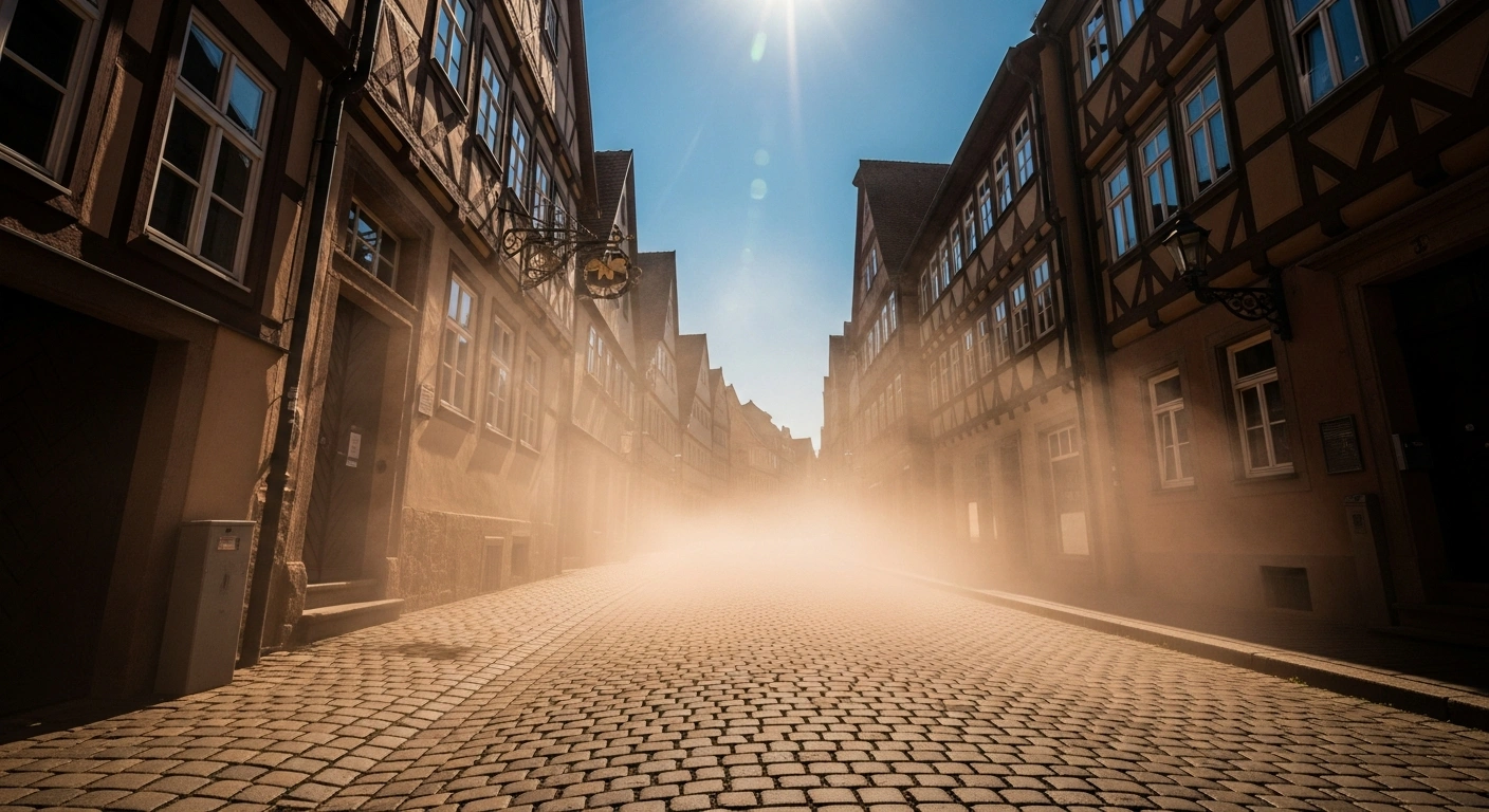 A sun-drenched street in Germany experiences an intense heatwave with visible heat haze rising from the pavement during a record-breaking temperature spell.