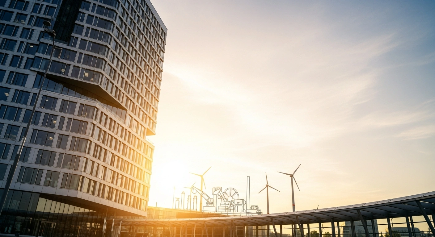 A photorealistic image of a sleek, modern building illuminated by golden hour light, with advanced industrial machinery and wind turbines in the background, symbolizing Germany's €30 billion Deutschlandfonds investment fund designed to mobilize private capital and attract €130 billion for key sectors like industrial transformation, energy infrastructure, and technological innovation.