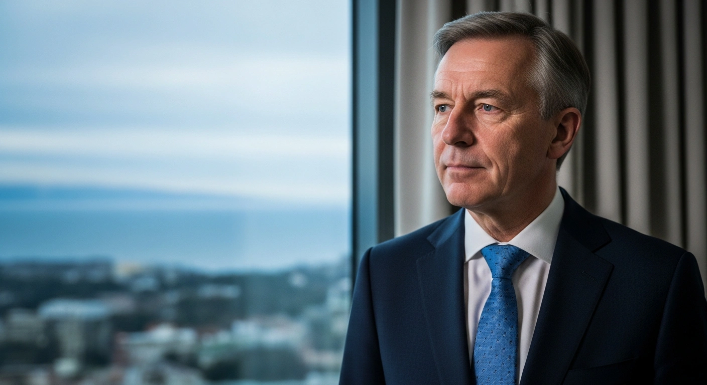 A distinguished German official, representing Foreign Minister Johann Wadephul, stands in a government office with a thoughtful expression, symbolizing Germany's decision not to participate in offensive military operations against Iran, while maintaining a defensive stance.