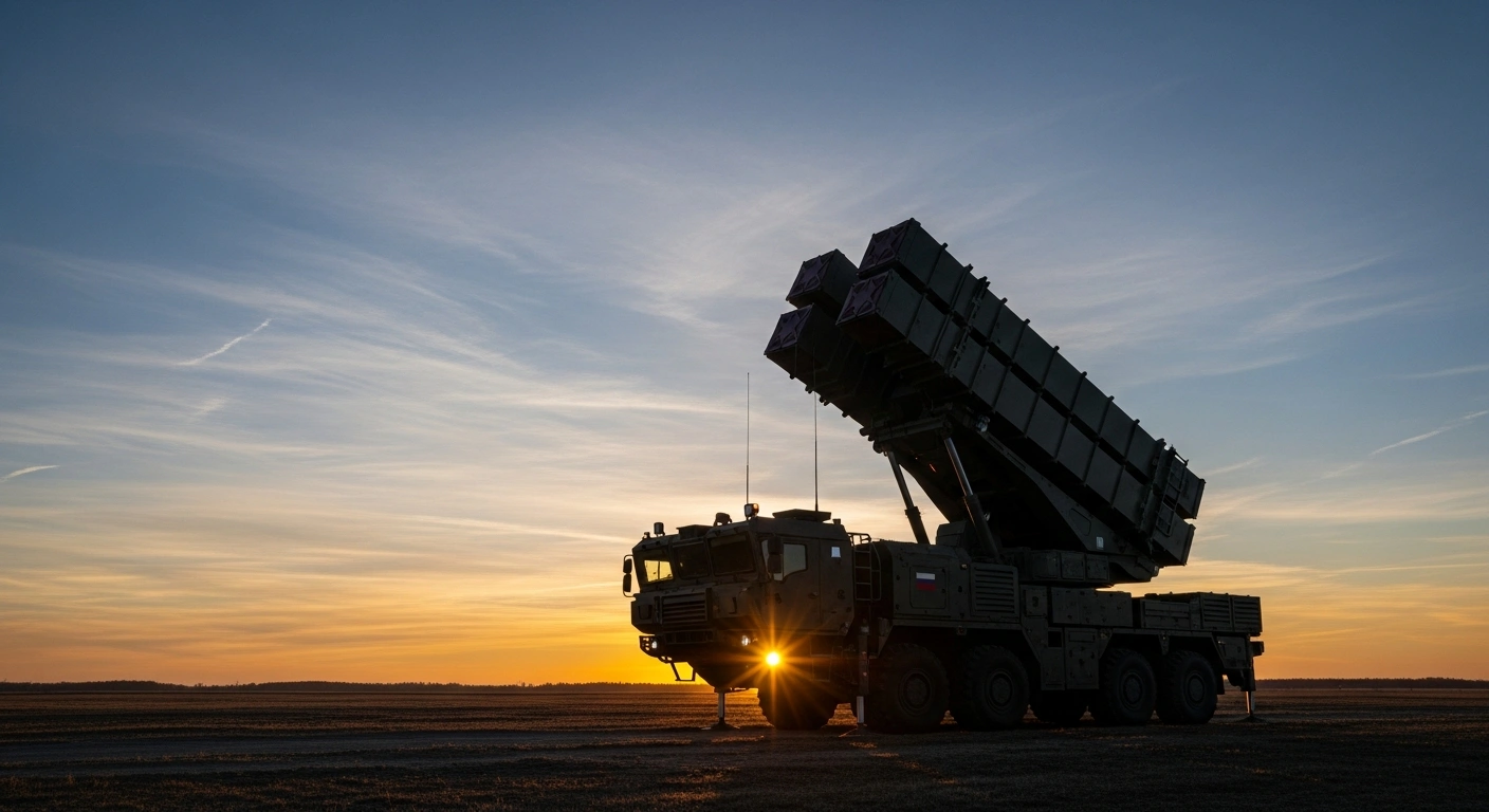 A powerful, modern IRIS-T SLM air defense system launcher is positioned in an open field at dusk, symbolizing Germany's strategic acquisition of 50 such systems to bolster its Air Force and Army air defense units.