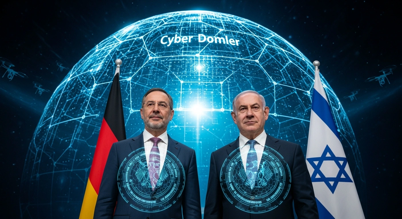 Two figures, representing Germany and Israel, stand united before a glowing holographic 'Cyber Dome' display, symbolizing their new cyber and security pact for enhanced digital defenses, including AI and drone defense cooperation.