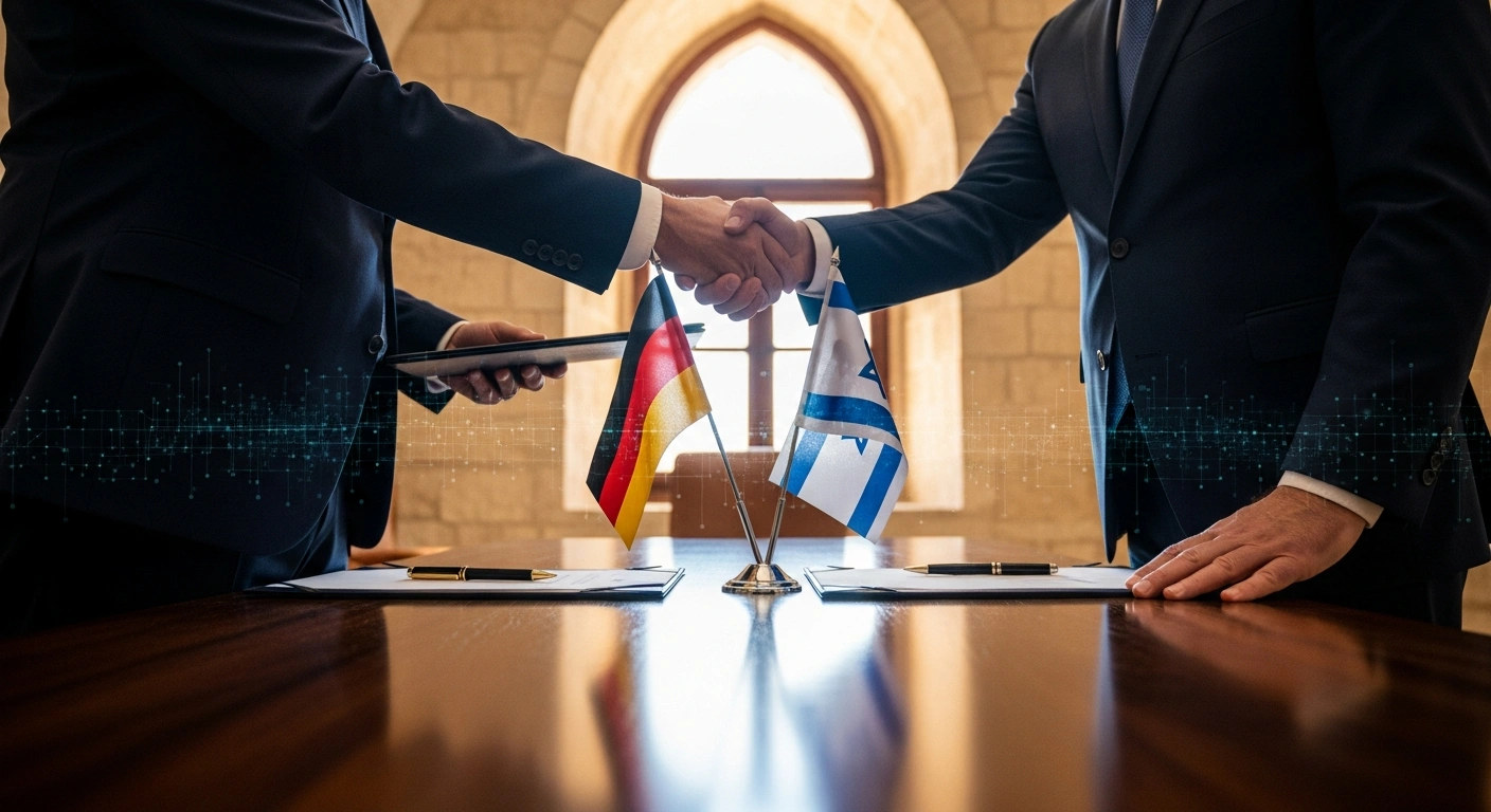 German Interior Minister Alexander Dobrindt and Israeli Prime Minister Benjamin Netanyahu are shown in Jerusalem, shaking hands or signing a security pact to enhance Germany's infrastructure protection against cyber threats and expand cooperation in counterterrorism and advanced technologies, signifying a deepening strategic partnership.