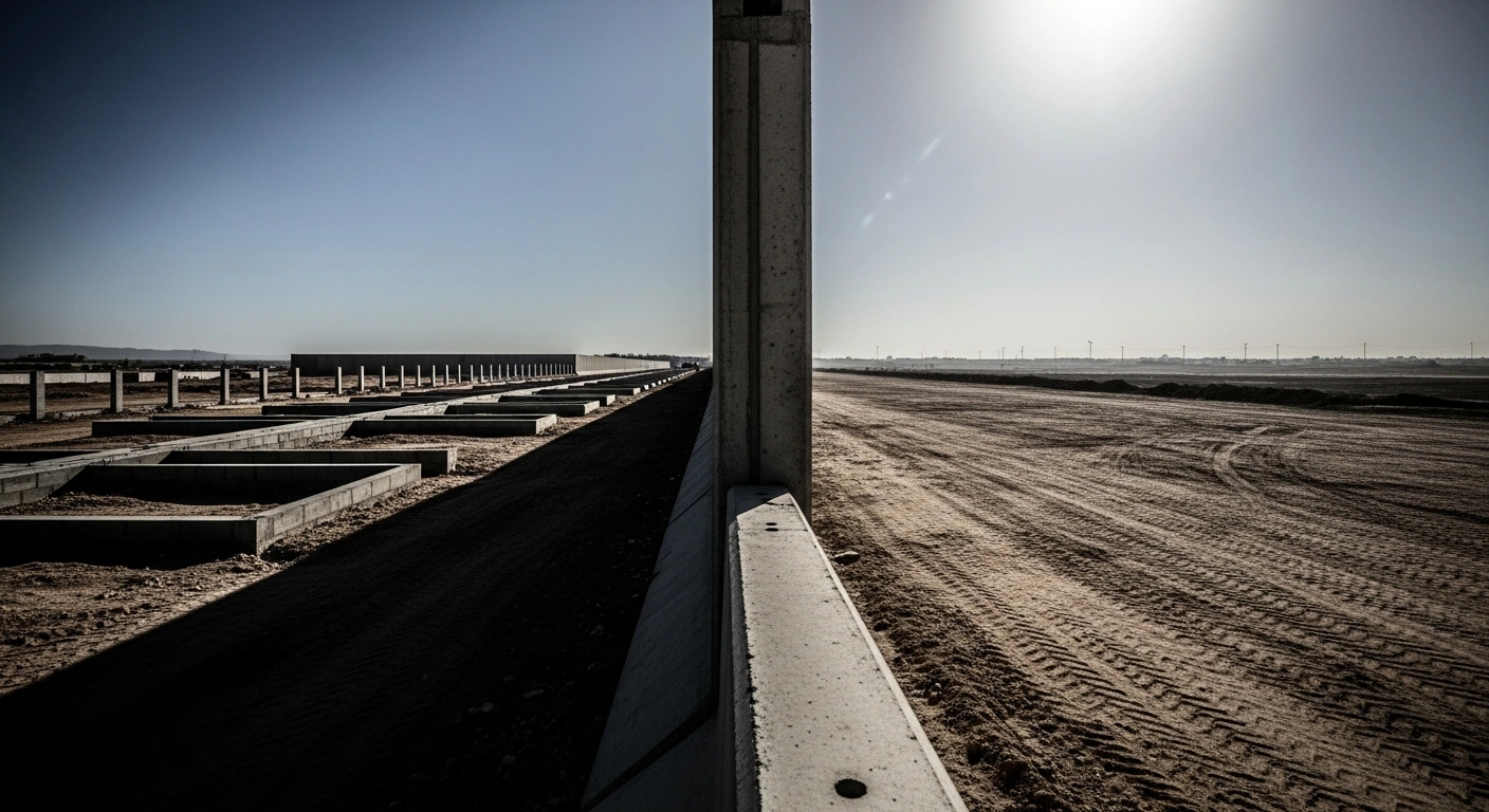 A stark concrete barrier divides an arid landscape under a harsh sun, with new construction foundations on one side and an open, desolate expanse on the other, visually representing the fragmentation of Palestinian territory by the E1 West Bank settlement project, which Germany warns violates international law and jeopardizes the two-state solution.