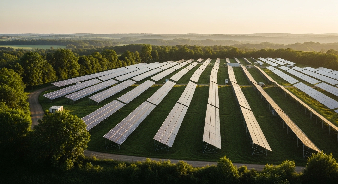 A vast solar energy farm in Germany represents the nation's commitment to international carbon pricing and the global transition to net-zero emissions.