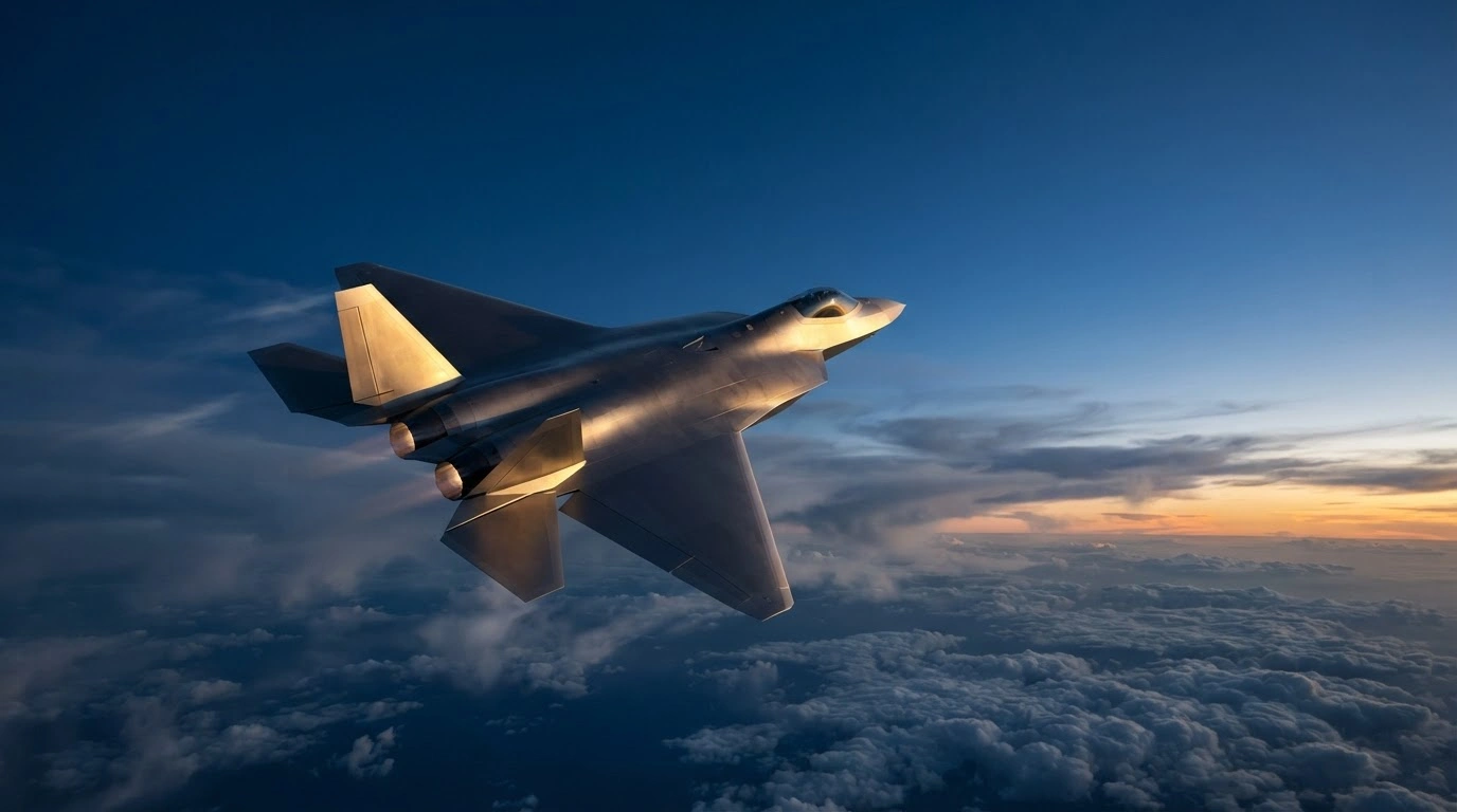 A next-generation stealth fighter jet flies through the sky as Germany considers joining the Global Combat Air Programme with the United Kingdom, Japan, and Italy.