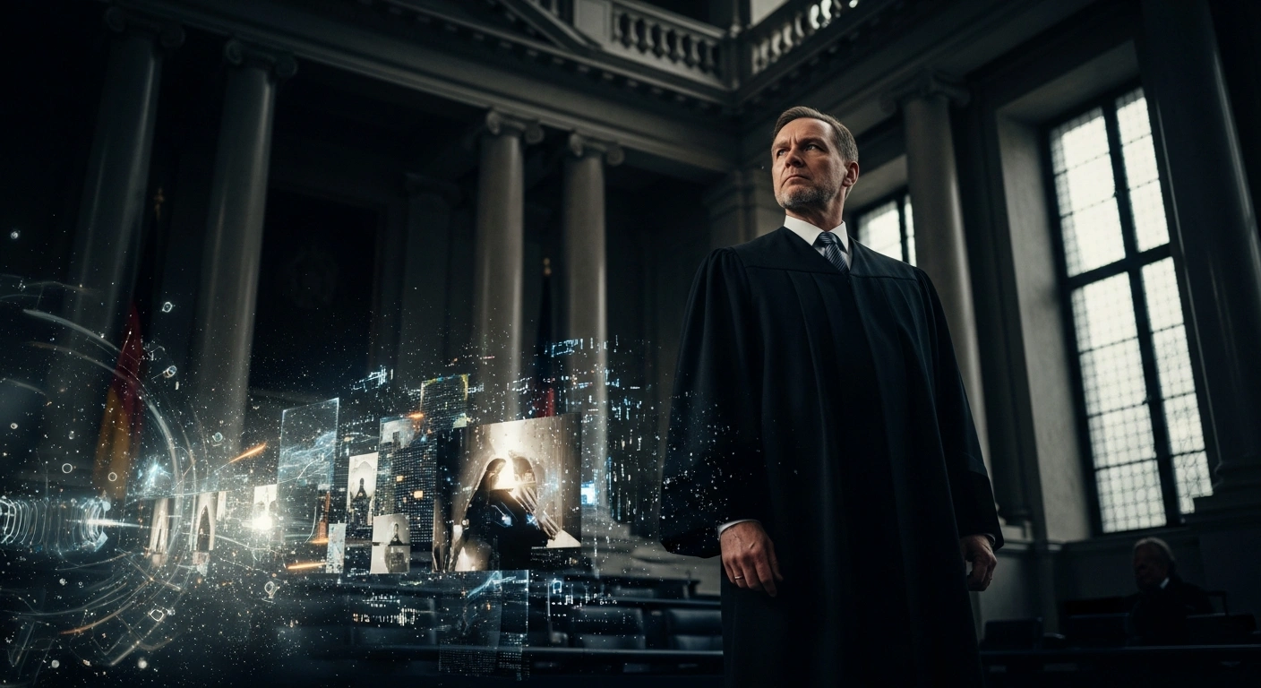 A dramatic, low-angle shot depicts a stern, authoritative figure, symbolizing German justice, standing in a dimly lit chamber with glowing, fragmented digital elements swirling around, representing the government's initiative to combat harmful AI-generated content, deepfakes, and digital violence.