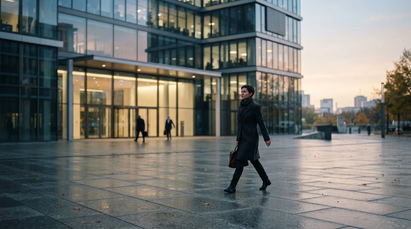 A professional walks past a modern office building in Germany, representing the stability of the labor market and the current economic climate.
