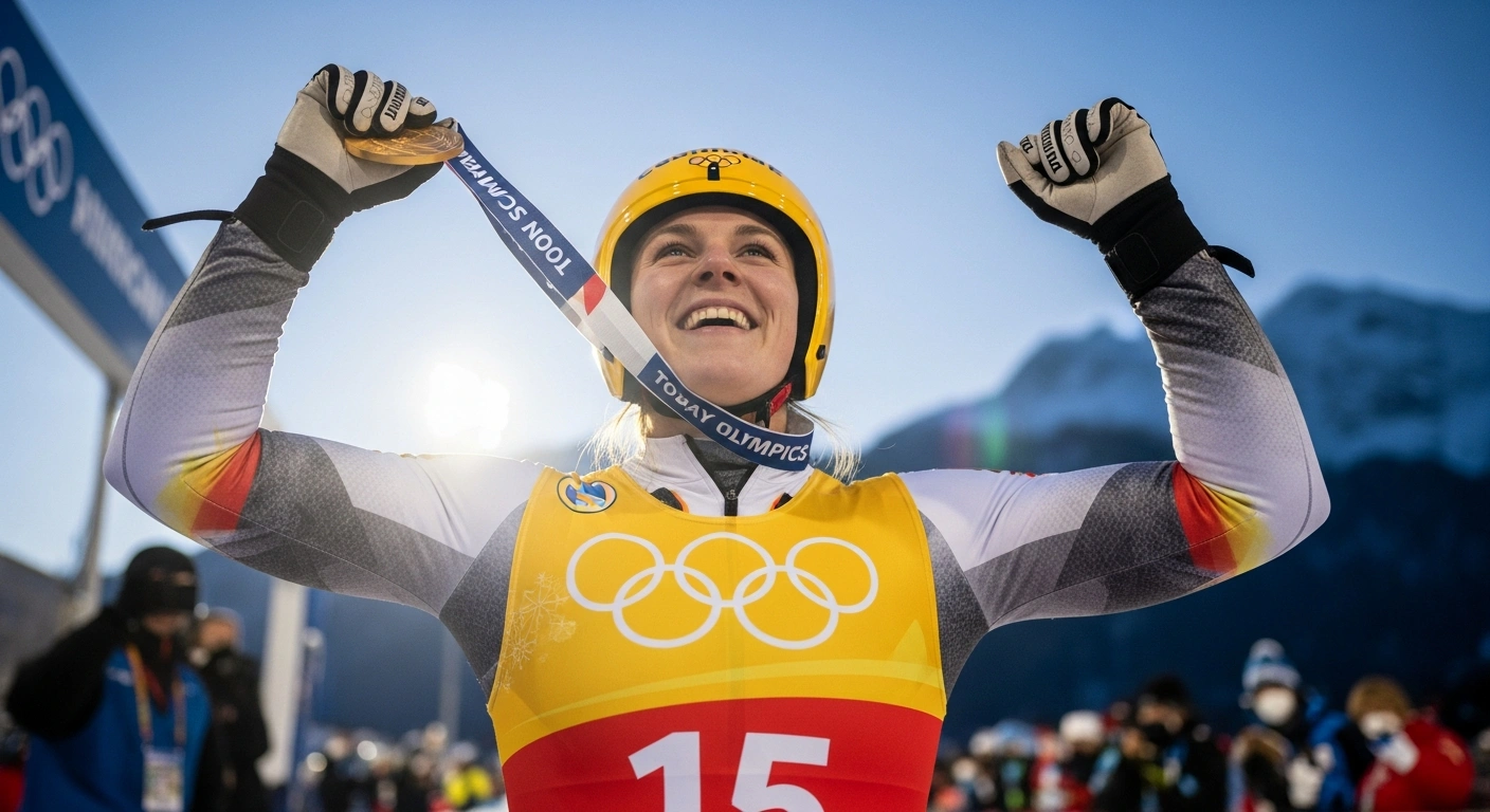 A triumphant German luge athlete, Julia Taubitz, smiles broadly while wearing a gold medal, celebrating her success at the Milan-Cortina 2026 Winter Olympics, where the German team also secured a bronze in men's doubles.