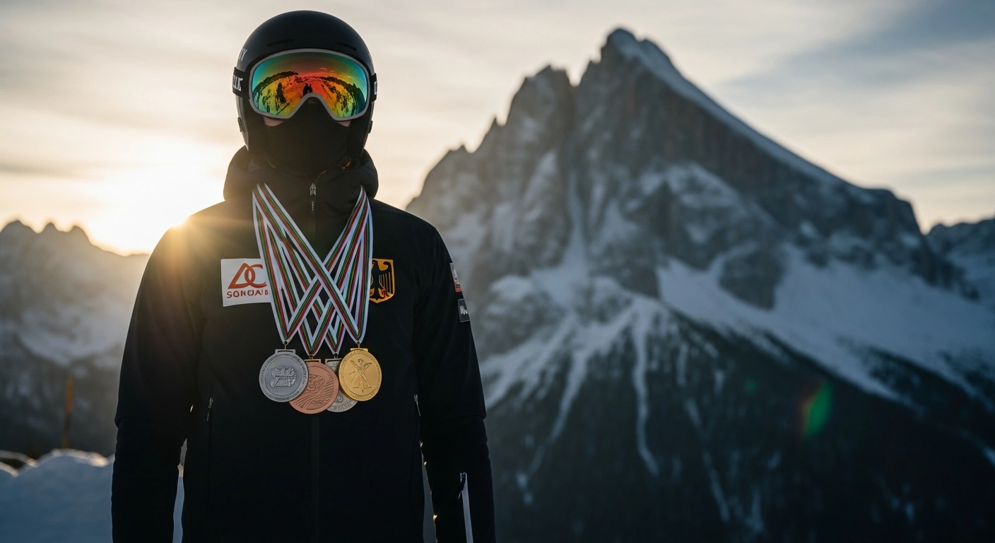 A triumphant German athlete, adorned with multiple gold, silver, and bronze medals, stands proudly against a snowy mountain backdrop, symbolizing Germany's 26-medal, fifth-place finish at the Milano Cortina 2026 Winter Olympic Games.