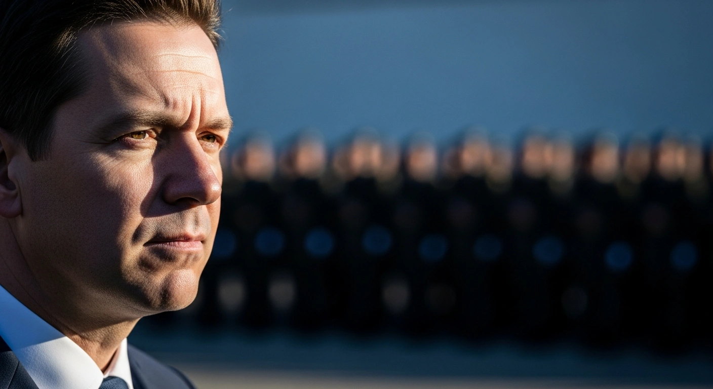 A medium close-up, low-angle shot of a resolute German Defence Minister, his face illuminated by soft directional light, with blurred silhouettes of uniformed Bundeswehr soldiers in formation behind him, symbolizing the debate on increasing military service personnel and NATO obligations.