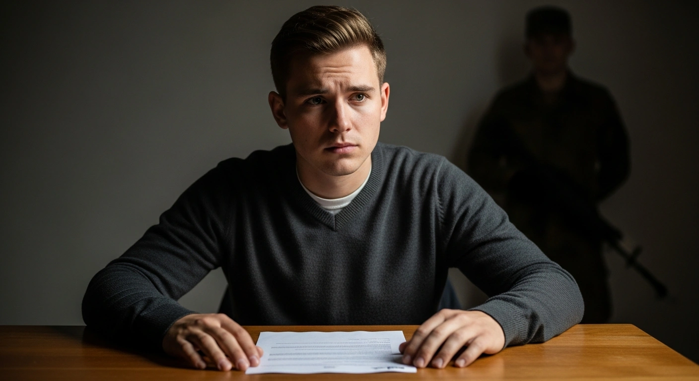 A young German male citizen sits at a table, contemplating a questionnaire related to Germany's new military service law, with a blurred Bundeswehr soldier visible in the background, symbolizing the nation's initiative to boost military personnel through voluntary service and potential needs-based conscription.
