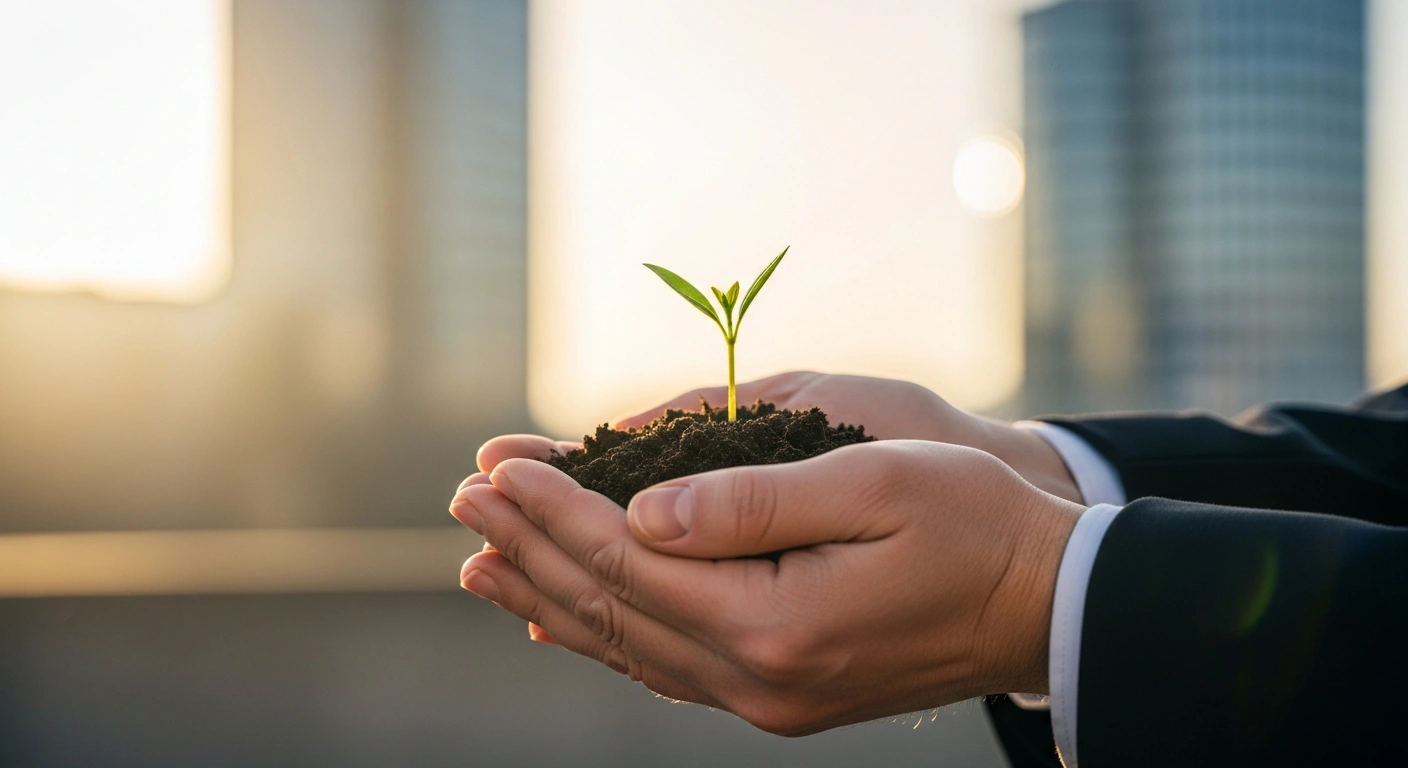 A close-up shot of a worker's hands gently holding a small, newly sprouted plant, bathed in warm, golden hour light, with a blurred modern German cityscape in the background, symbolizing the federal government's approved increase to Germany's national minimum wage.