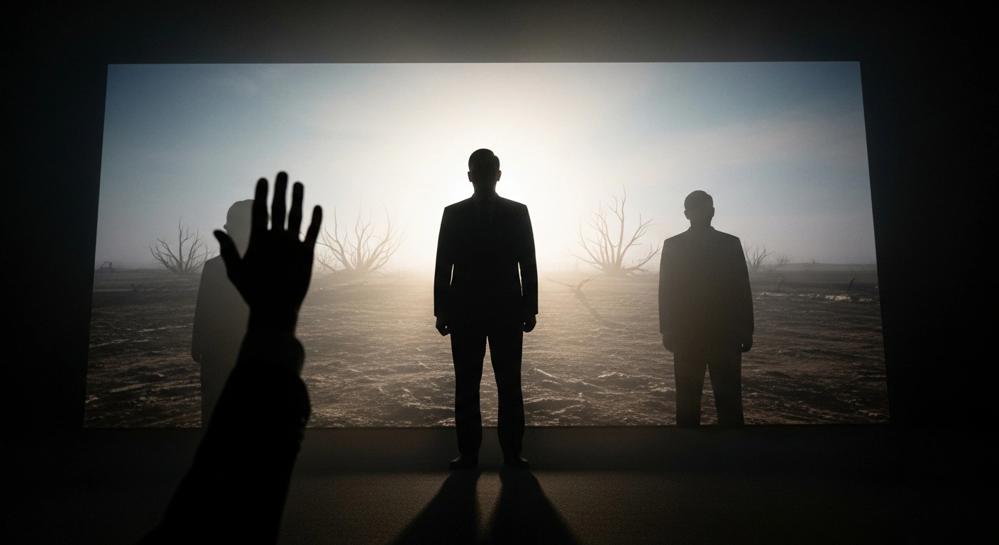 Germany's Environment Minister Carsten Schneider is depicted as a resolute figure, standing before a large projection of a barren landscape, symbolizing the urgency for a binding fossil fuel phase-out roadmap at the COP30 climate conference in Belém, Brazil, as he pushes for stronger climate commitments.