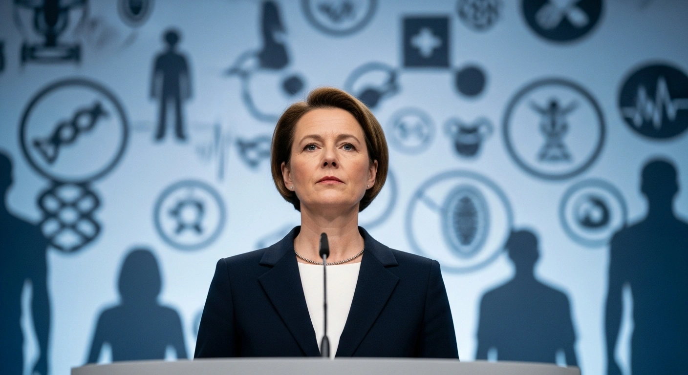 Germany's Health Minister Nina Warken stands resolutely at a podium under sharp, cool lighting, with a blurred background of abstract medical symbols and shadowy figures dissolving, visually representing her refutation of claims regarding German doctors facing prosecution for Covid-19 vaccine and mask exemptions.
