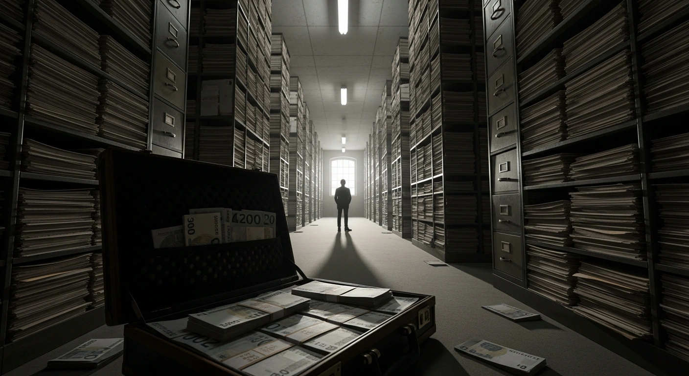 A dimly lit, cavernous archive room is filled with overflowing filing cabinets and towering stacks of paper, symbolizing the overwhelming backlog of one million open cases, with a partially open briefcase containing stacks of Euros hinting at the 100 billion Euros laundered annually in Germany, and a silhouetted figure representing the shortage of public prosecutors hindering the fight against organized crime.