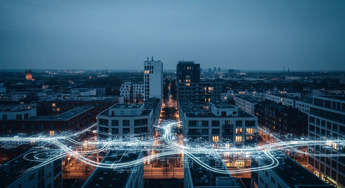 A modern German city undergoes infrastructure modernization as part of a nationwide municipal heat planning initiative to achieve climate-neutral heating.