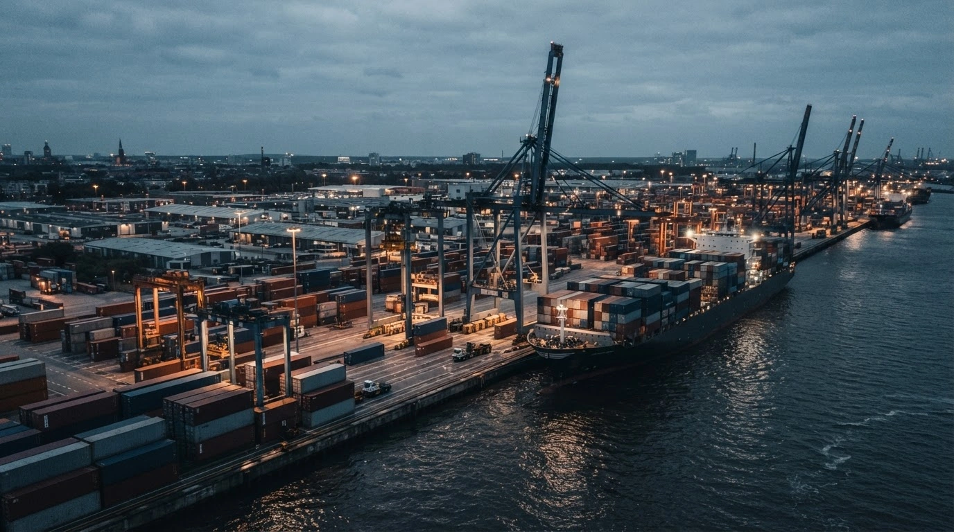 A busy German shipping port at dusk shows heavy cargo ships and stacked containers, illustrating the shifting trade balance and economic dynamics in Germany.