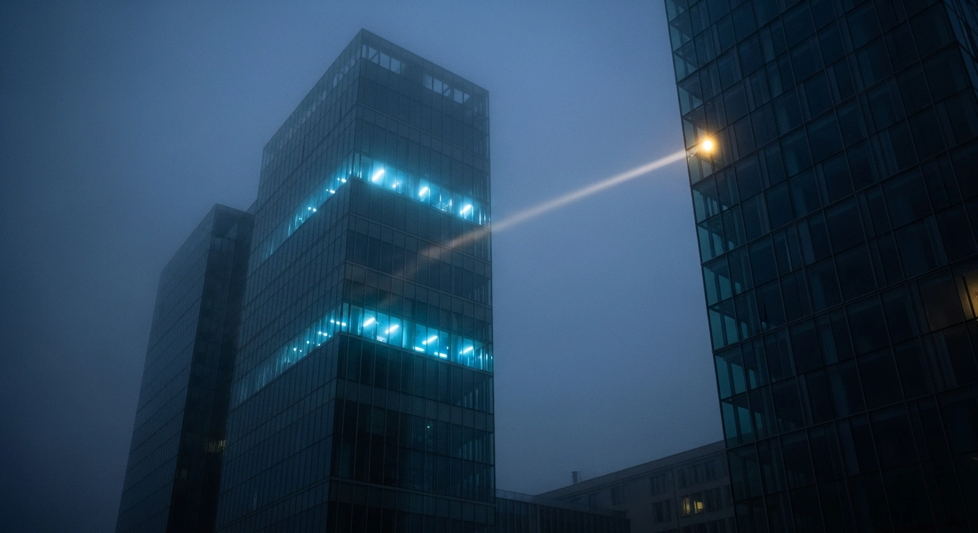 A modern government building in Berlin is illuminated at twilight to represent the heightened national security threats and espionage activities reported by the German domestic intelligence agency.