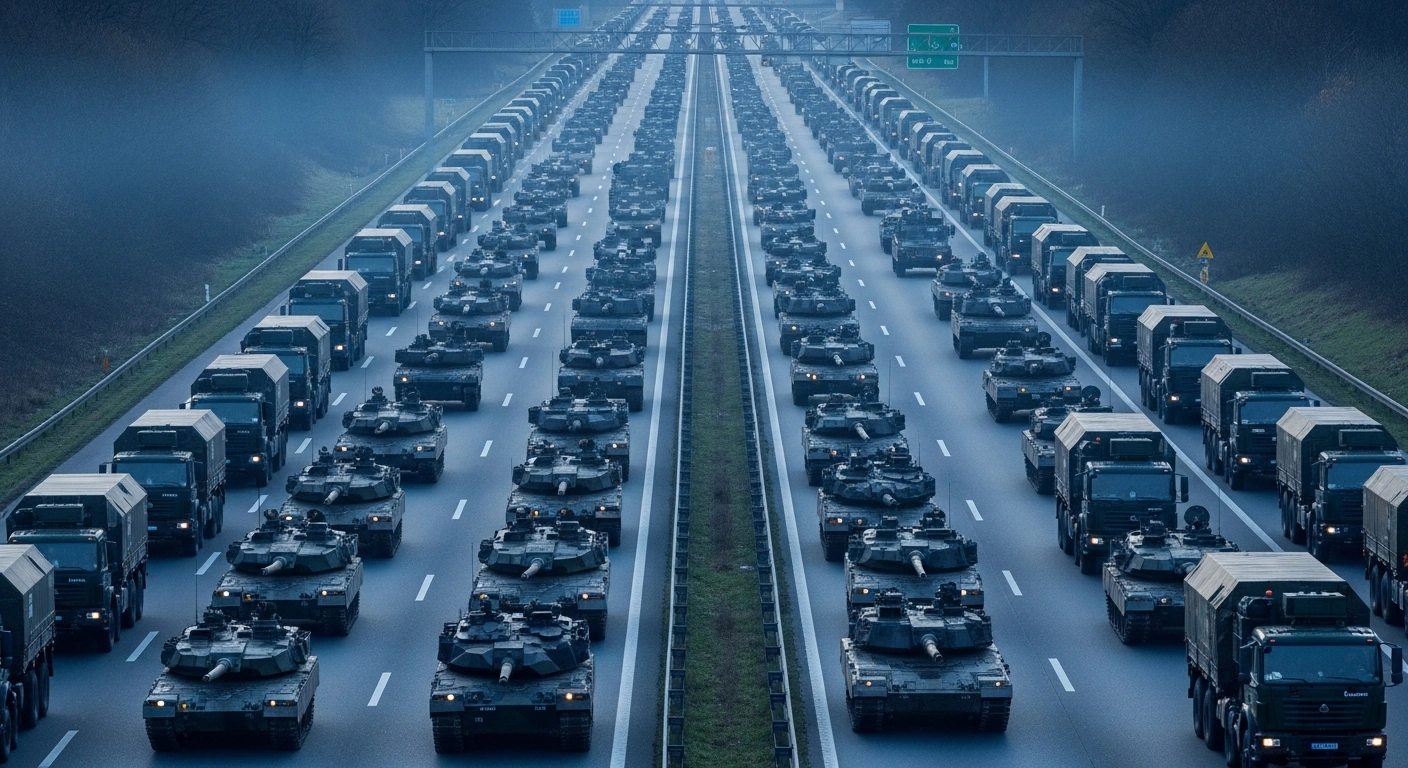 A wide-angle, pre-dawn shot of a German autobahn filled with endless columns of diverse NATO military vehicles, including tanks, armored personnel carriers, and logistics trucks, stretching into the misty distance, symbolizing Germany's role as a central transit hub for troop movement in response to a potential Russian attack.