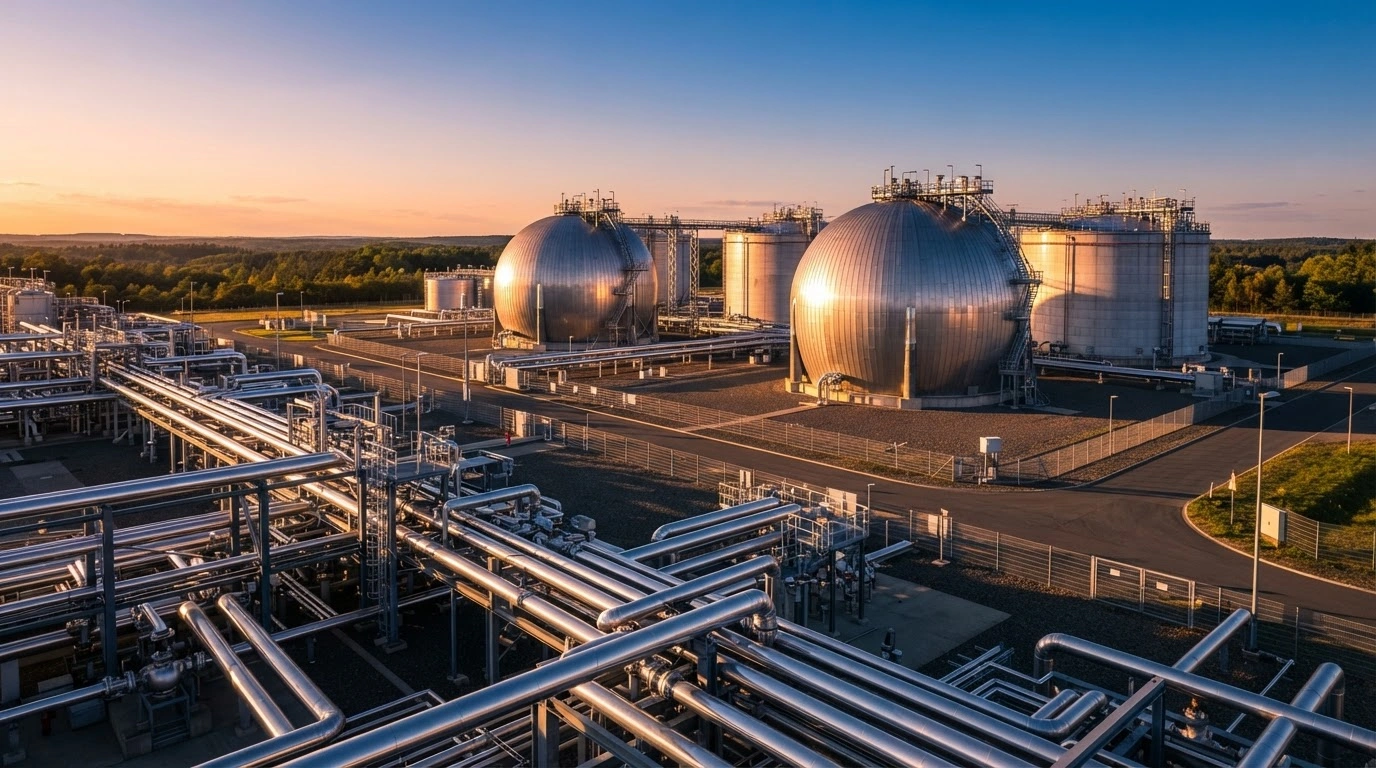A modern industrial natural gas storage facility in Germany stands under clear skies, representing the nation's high energy storage levels and improved energy security.