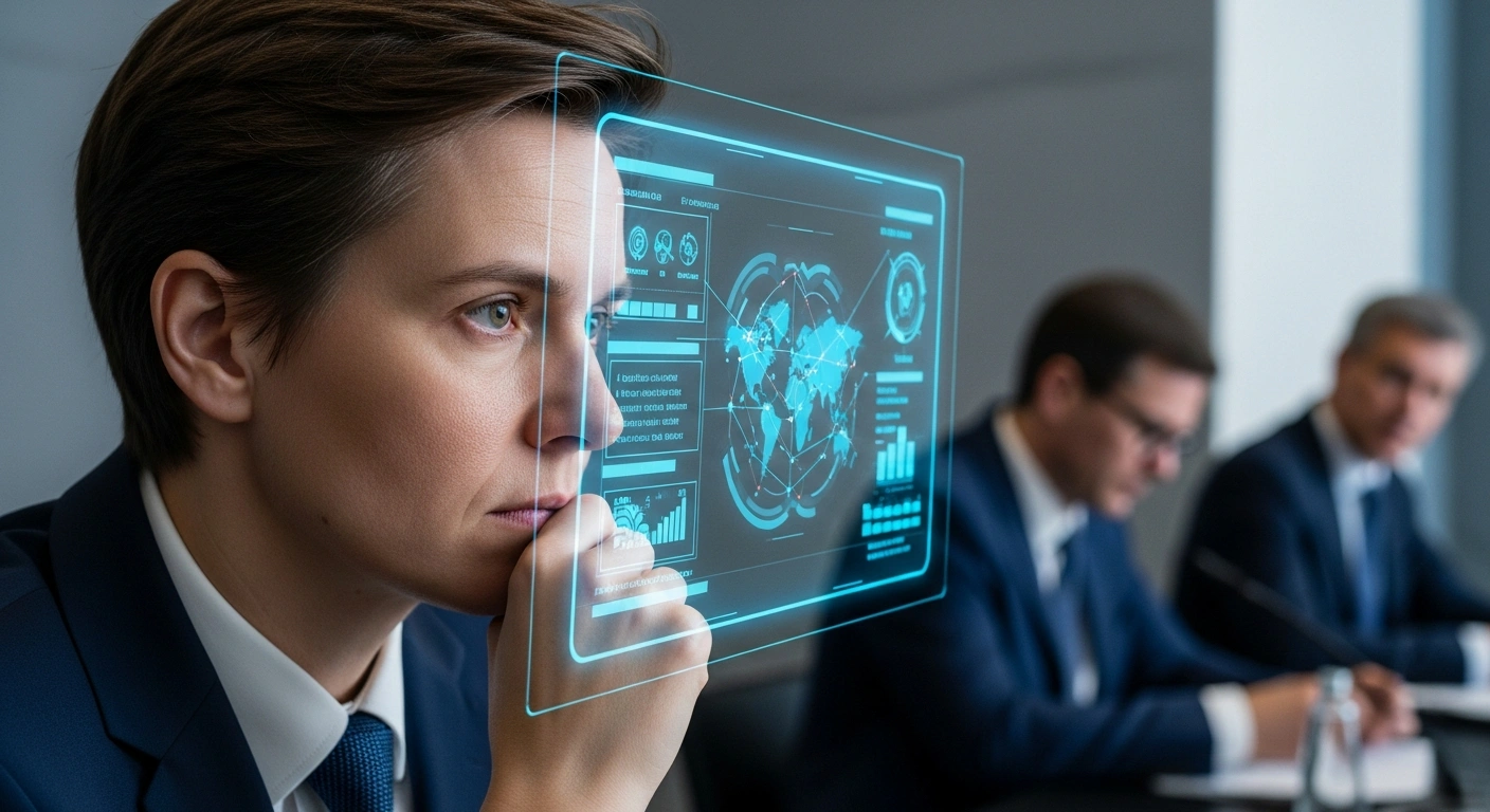 A German official, with a contemplative expression, is illuminated by the blue glow of a holographic projection showing strategic data, with other European officials in the blurred background of a dimly lit conference room, symbolizing Germany's debate on nuclear deterrence, driven by Russia's war in Ukraine and concerns over US security guarantees, and potential cooperation with France and the UK on European nuclear capabilities.