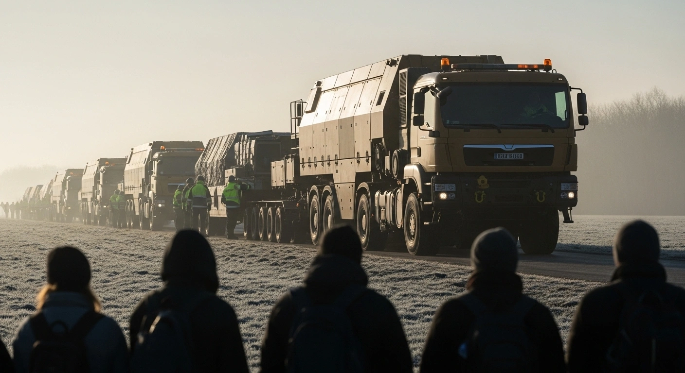 A heavily armored transport vehicle, part of a convoy carrying Castor containers with highly radioactive fuel element balls from the former Jülich research reactor, approaches Germany's Ahaus interim storage facility at dawn, with a small group of protestors visible in the foreground, symbolizing public opposition to the transport.