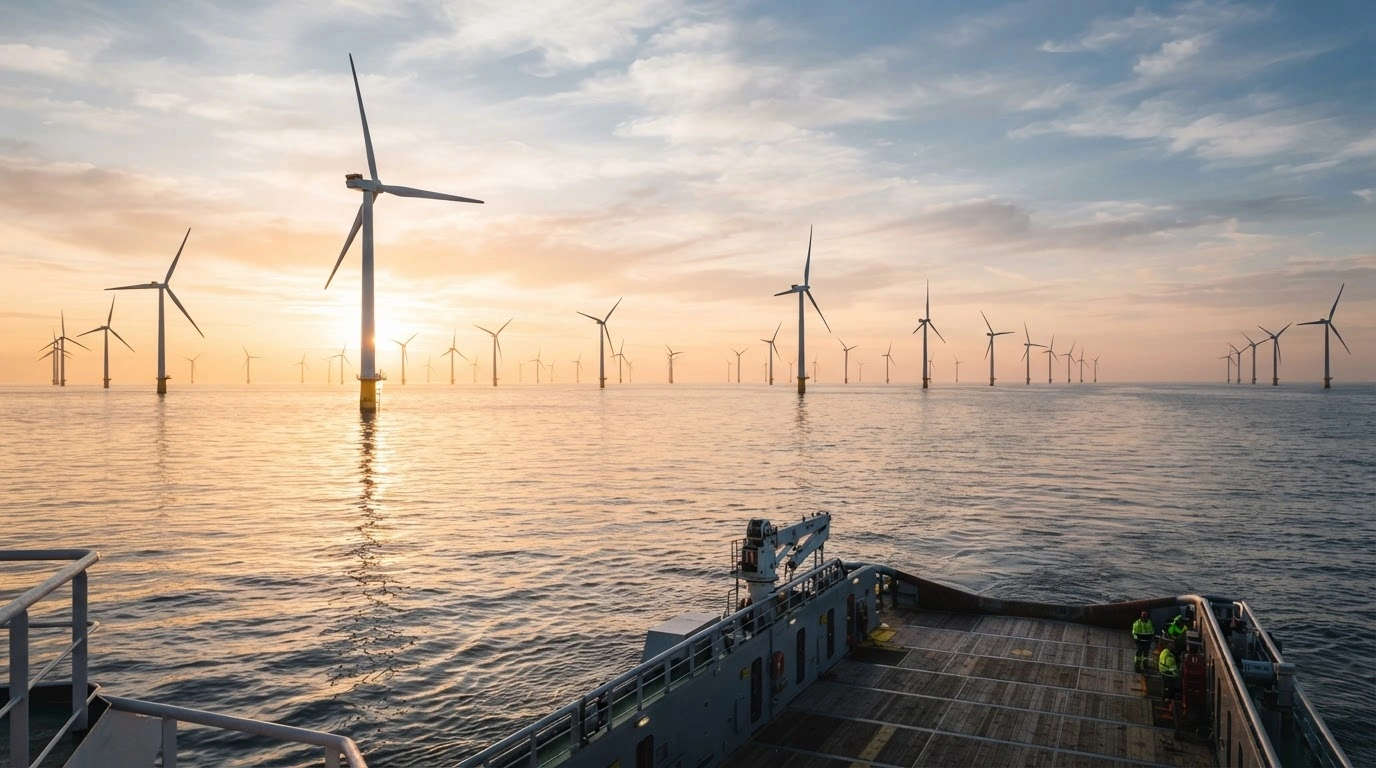 A wide view of a massive offshore wind farm in the North Sea during golden hour, representing Germany's expansion of renewable wind energy.