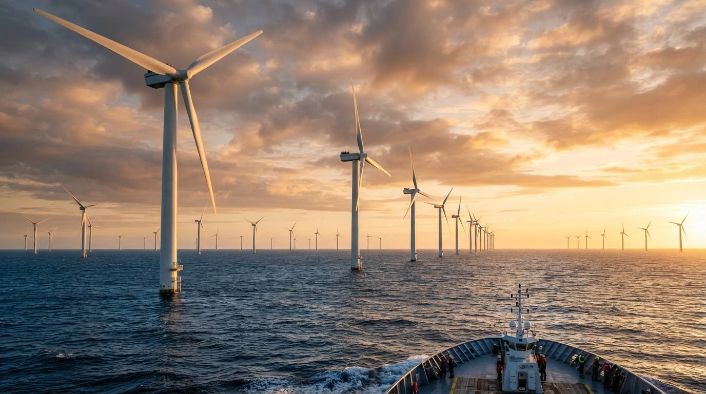 A vast offshore wind farm with numerous turbines stands in the North Sea as part of Germany's expanded renewable energy development plan.
