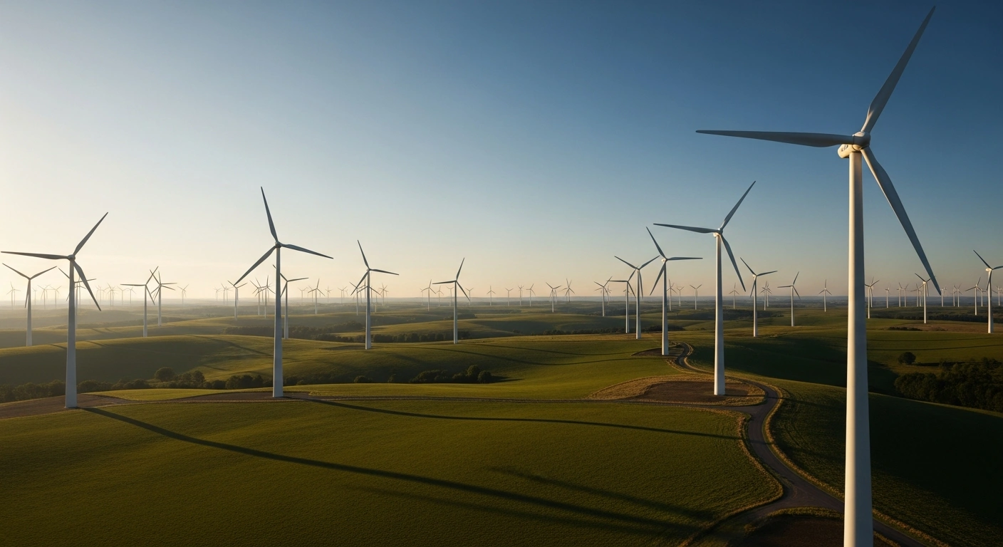 A vast field of modern onshore wind turbines stands in a German landscape during sunset to represent the expansion of renewable energy capacity.