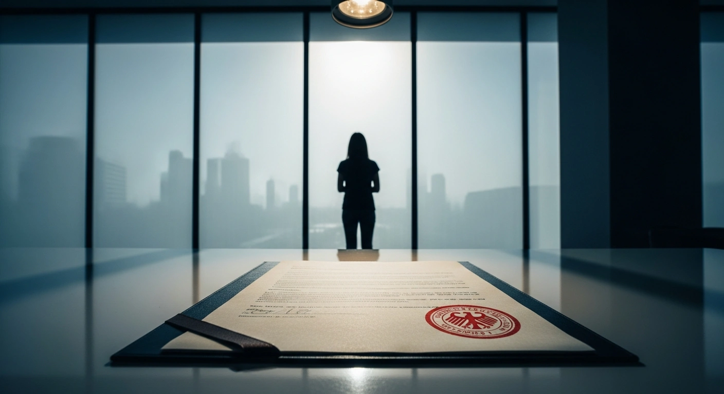 A lone figure stands silhouetted against a frosted window looking at a blurred cityscape, while a stark, official document with a red stamp lies on a desk in the foreground, symbolizing the German CDU/CSU debate on restricting part-time work for 'lifestyle' reasons to boost the economy and address skilled worker shortages, with exemptions for childcare, relatives, or training.