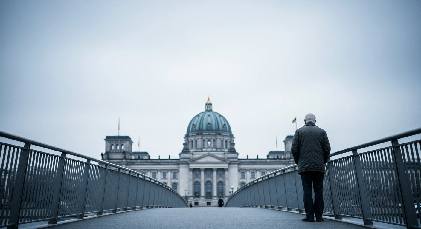 An elderly man stands on a bridge in Berlin looking toward government buildings as Germany considers new pension system reforms.